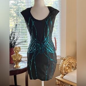 WOW Couture Black bodycon Dress with Blue Sequin Grid